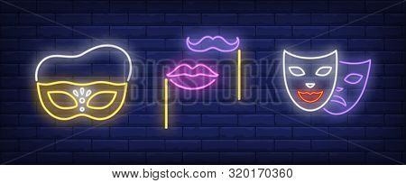 Masks, Lips And Moustache On Sticks Neon Signs Set. Carnival, Fun, Party, Masquerade Design. Night B