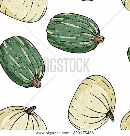 Cute White And Greenpumpkins Cartoon Seamless Pattern. Halloween Decoration Background Tile