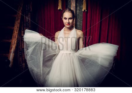 A portrait of an elegant refined female ballet dancer posing in the vintage interior. Talent, fashion for ballet dancers. 