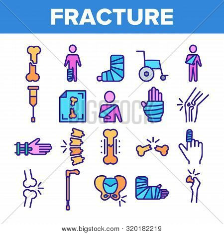 Color Fracture Elements Vector Sign Icons Set Thin Line. Gypsum Foot And Hand Arm Crutch, Bones Frac