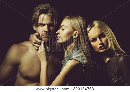 Relations Of Girls And Guy. Twins With Sexy Man. Love And Romance. Man With Muscular Body With Sexy 