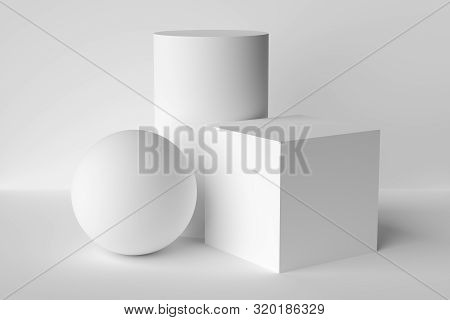 Abstract Geometric Platonic Solids Figures Still Life Composition. Three-dimensional Cube Cylinder S