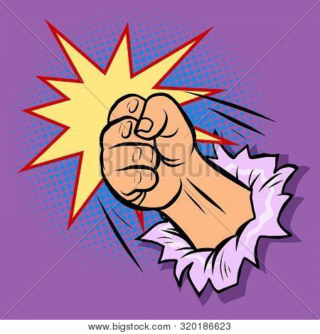 A Fist Smashes Through The Wall. Pop Art Retro Vector Illustration Drawing
