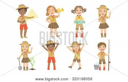 Cute Kids Scouts Camping Set, Cute Boys And Girls In Scout Costumes With Hiking Equipment Vector Ill
