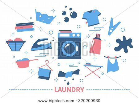 Laundry Icon Set. Washing Machine And Clean Clothing.