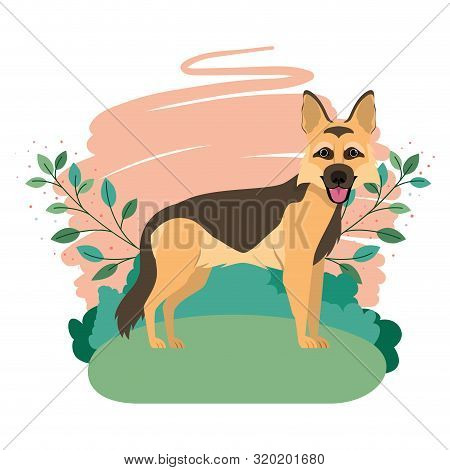 Cute Pastor Aleman Dog With Background Landscape Vector Illustration Design