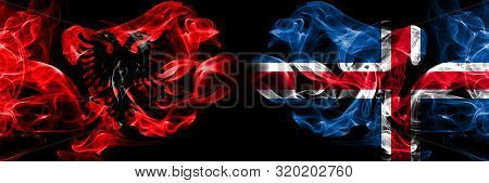 Albania, Albanian, Iceland, Flip Competition Thick Colorful Smoky Flags. European Football Qualifica