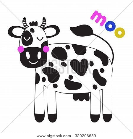 Vector Illustration. Cute Funny Farm Animal For Kids. Nursery Print Cartoon Cow. Black, White And Pi