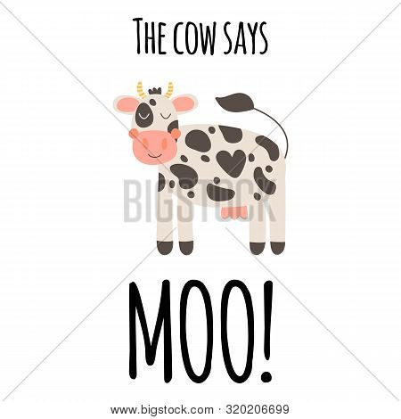 Vector Illustration. Cute Funny Farm Animal For Kids. Nursery Print Cartoon Cow. Black, White And Pi