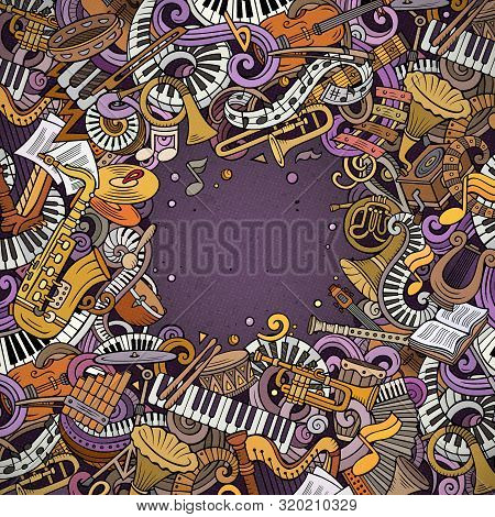 Cartoon Doodles Classic Music Frame. Bright Colors Musical Border