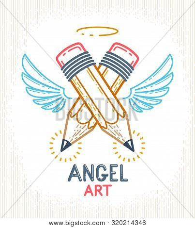 Two Crossed Pencils With Wings And Nimbus, Vector Simple Trendy Logo Or Icon For Designer Or Studio,