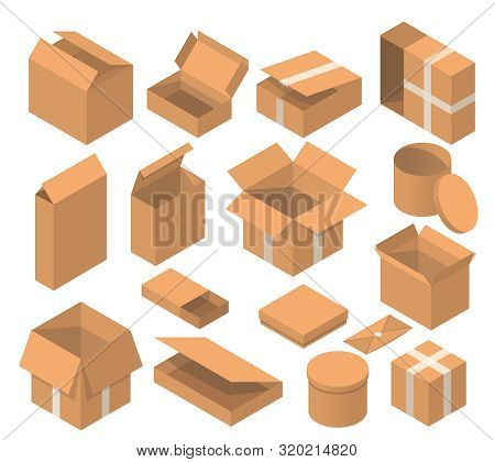 Isometric Packaging Box Vector Set. Cardboard Boxes Collection In Cartoon Style Solated On White Bac