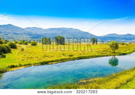 Beautiful Landscape In Valley Of Gacka River, Field Aerial Summer View, Lika Region Of Croatia