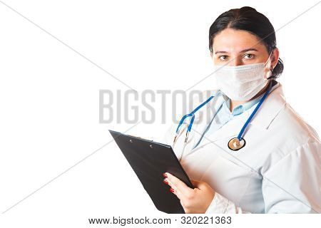 Portrait Of Female Doctor With Stethoscope, Mask And Document Folder Isolated On White Background