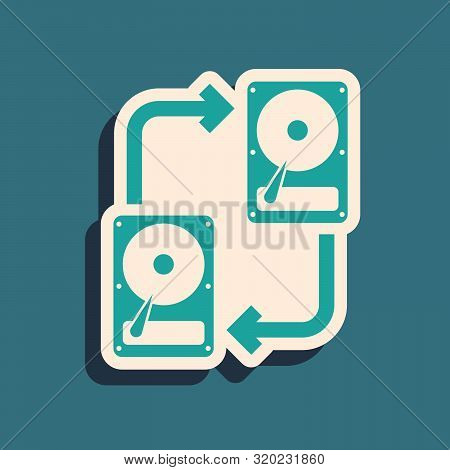 Green A Fixed Data Storage Device Hard Disk With Arrows, Data Copy Icon Isolated On Blue Background.