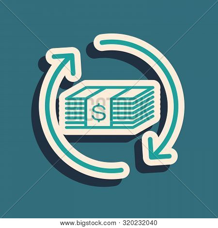 Green Refund Money Icon Isolated On Blue Background. Financial Services, Cash Back Concept, Money Re