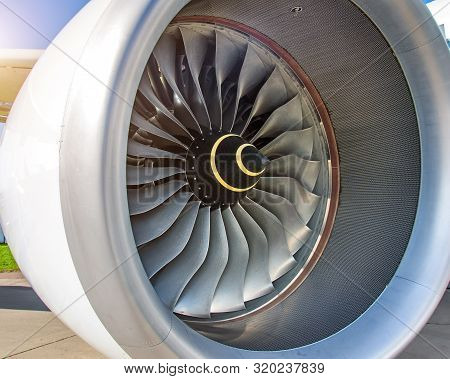 Close Up Of Engine Turbofan Turbine Blades Jet Engine In Modern Airplane