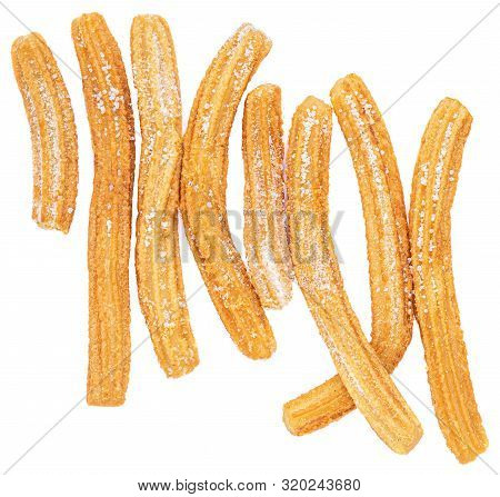 Churros Isolated On White Background. Traditional Spanish Cusine. Churros In A Row. Top View