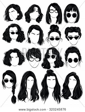 Set Of Hairstyles For Women. Collection Of Black Silhouettes Of Hairstyles For Girls. Woman Portrate