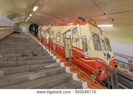 Toyama, Japan - April 21, 2019 : Kurobe Cable Car, Journey Between Kurobedaira And Kurobeko Station 