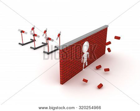 3D Rendering Of Three Broken Hurdles And Smashed Brick Wall