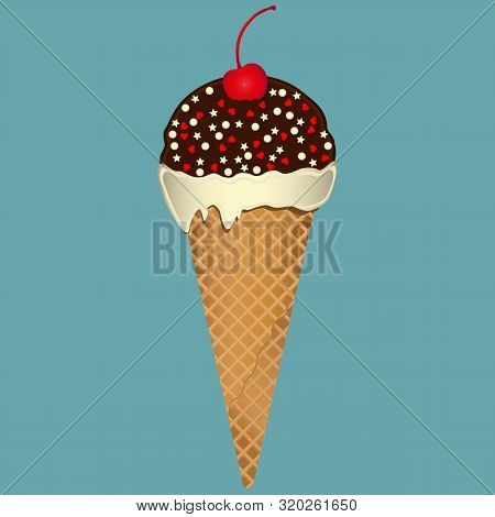 Chocolate Ice Cream With Cherry On Top. Vector Illustration Eps10.