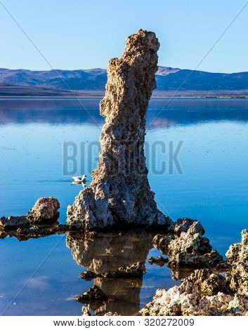 Mono Lake is a natural wonder of the world. California, USA. Picturesque lake with lime-tuff towers of fancy shape. Dusk. The concept of ecological, exotic and photo tourism