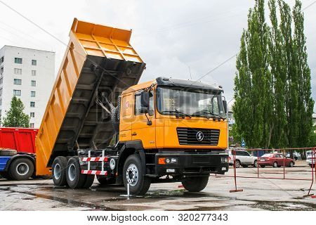 Ufa, Russia - May 15, 2008: Yellow Dump Truck Shaanxi Shacman Sx3254 In The City Street.