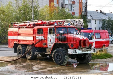 Novyy Urengoy, Russia - September 1, 2019: Fire Truck Ural 4320 In The City Street.