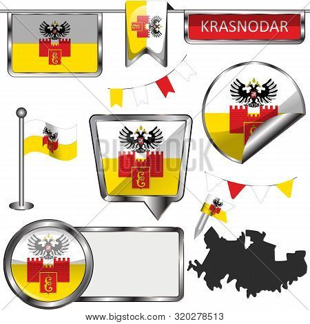 Vector Glossy Icons Of Flag Of Krasnodar, Russia On White