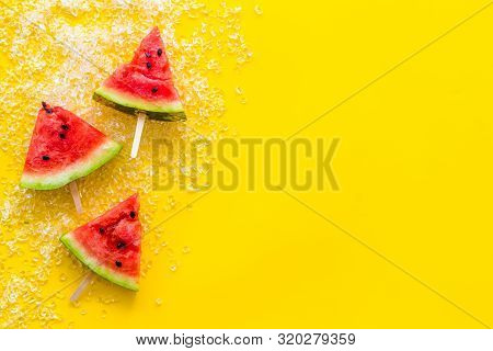 Cut Watermelon Onice With Fruit Popsicle On Yellow Background Top View Mockup