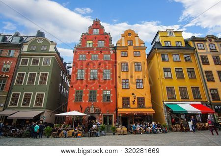 Stockholm, Sweden - September, 2018: Colorful Facade Of The Houses In Stortorget Square Gamla Stan. 