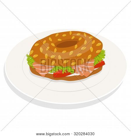 Bagel Sandwich On Plate With Cream Cheese, Salmon, Salad. Delicious Breakfast. Take Away Fast Food. 