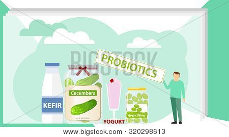Probiotics, Natural Probiotics. A Man Demonstrates Natural Probiotics. Canned Cucumber, Green Olives