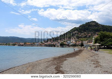 Lepanto, Greece - 18 July 2019: Panorama Of The Village Seen From The Beach