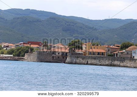 Lepanto, Greece - 18 July 2019: Panorama Of The Village Seen From The Beach