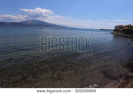 Lepanto, Greece - 18 July 2019: The Sea Of The Bay Of Lepanto Where The Battle Took Place On 7 Octob