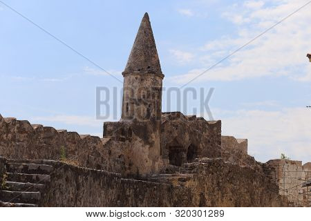 Lepanto, Greece - 18 July 2019: The Perimeter Walls Of The Port