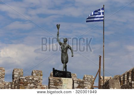 Lepanto, Greece - 18 July 2019: Panorama Of The Village Seen From The Beach