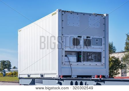 Refrigerated Container 20-foot-long On The Railway Platform.