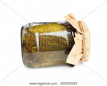 Jar With Pickled Cucumbers On White Background