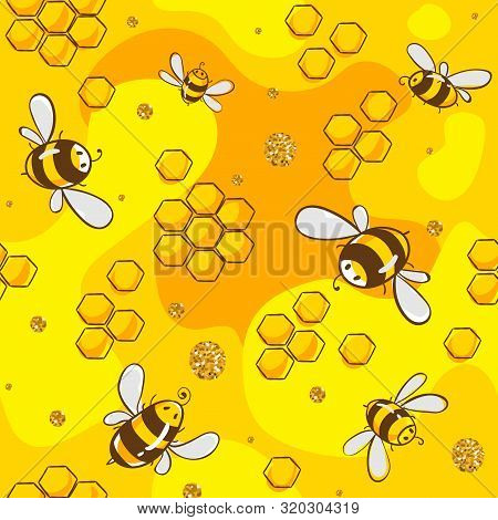 Cute Seamless Pattern With Flying Bees. Vector Illustration Eps10