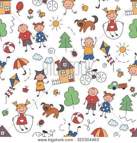 Happy Kid On Summer. Children Drawing. Seamless Pattern In Doodle Style. Vector Illustration