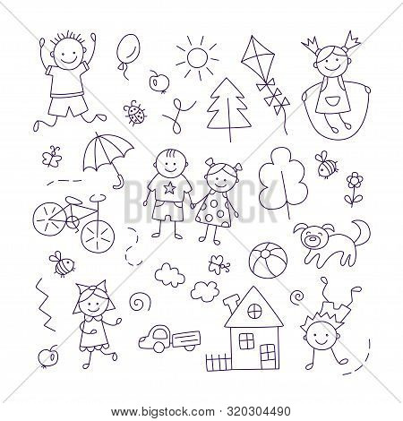 Happy Kid On Summer. Children Drawing. Vector Illustration In Doodle Style. Set Of Elements