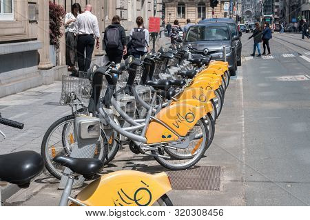 Brussels, Belgium - June 6, 2019: Villo! Bike For Rent Lined-up On The Street.