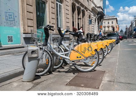 Brussels, Belgium - June 6, 2019: Villo! Bikes. Villo! Is A Public Bicycle Rental Programme In Bruss
