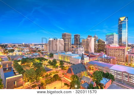 Downtown skyline of Oklahoma City, Oklahoma, USA at twilight.