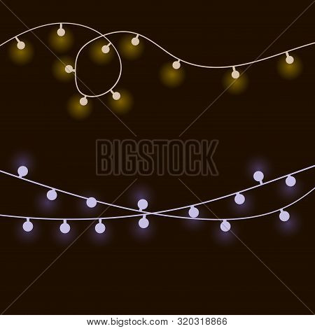 Party Light Chains Isolated On A Black Background. Garlands, Light Christmas Decorations. Vector Ill