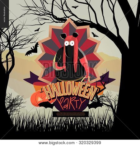 Halloween Party Invitation. Flat Vectror Cartoon Illustration Of A Fat Girl Wearing Minnie Mouse Cos