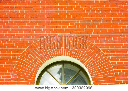 Little Old Vintage Arcked Window Of The Ground Floor On Red Bricks Wall. Travel Russia, Saint Peters